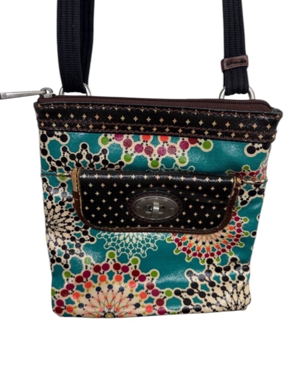 Fossil Key-Per Teal Brown Dotted Rectangular Coated Canvas Crossbody BLEMISH
